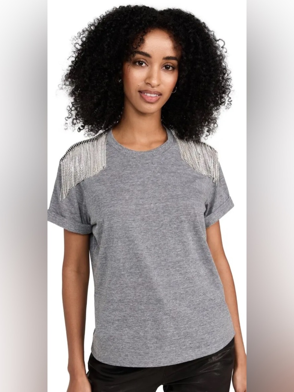 cinq a sept Gray Tee with Silver Shoulder Chain Fringe
